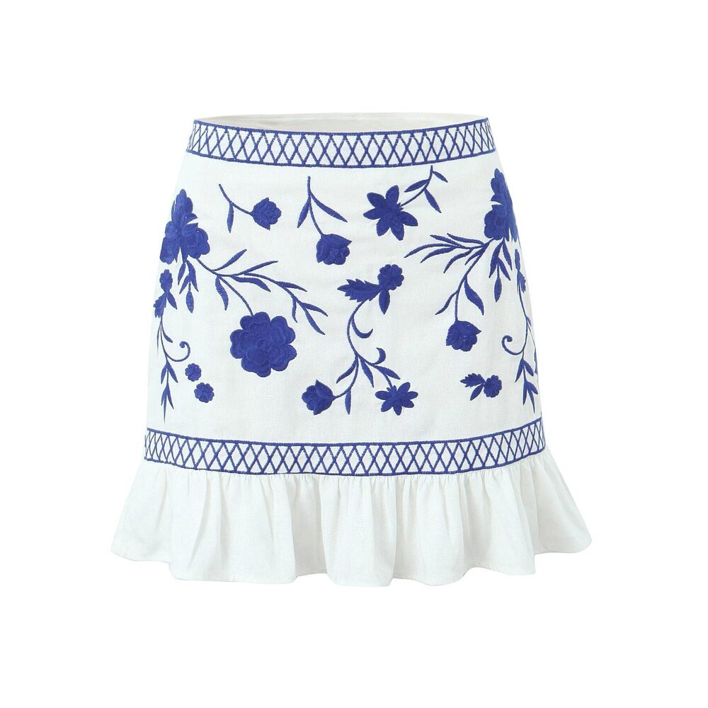 5025 Floral Embroidery Ruffle Hem Short Mini Skirts Mexican Bohemian Casual
